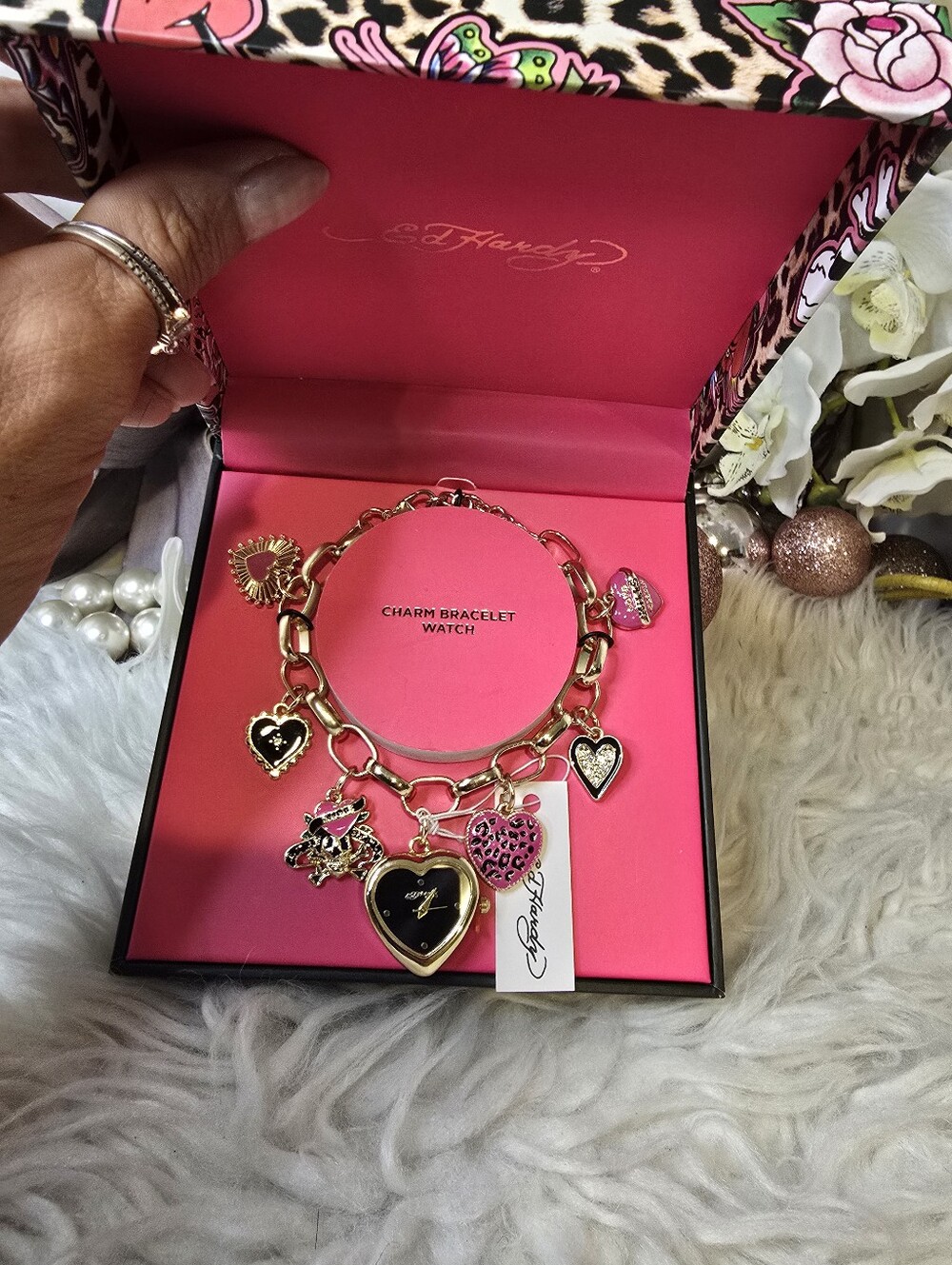 Ed Hardy Lobster closure, Gold tone bracelet, Heart  shaped watch new